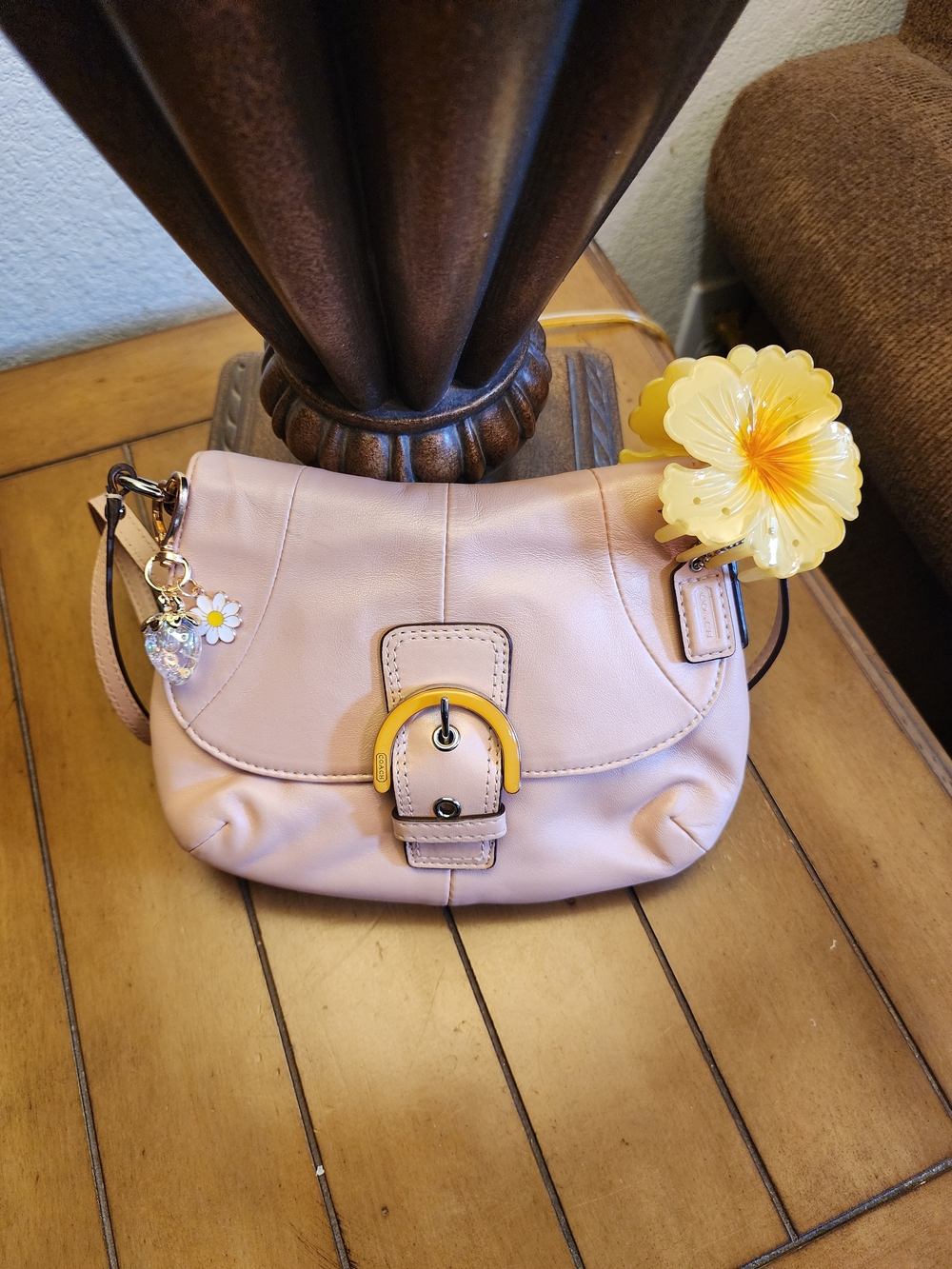 Coach Soho Shell Pearlescent Leather Flap Crossbody Purse With Yellow Buckle